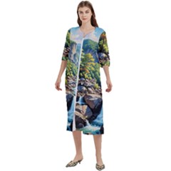 Serene Mountain Waterfall Landscape Women s Cotton 3/4 Sleeve Nightgown by ExtraAwesomeSauce