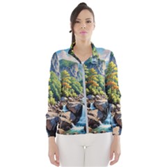 Serene Mountain Waterfall Landscape Women s Windbreaker