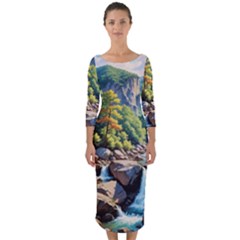 Serene Mountain Waterfall Landscape Quarter Sleeve Midi Bodycon Dress by ExtraGoodSauce