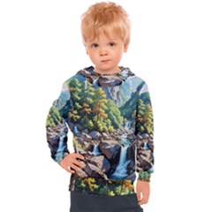 Serene Mountain Waterfall Landscape Kids  Hooded Pullover by ExtraAwesomeSauce