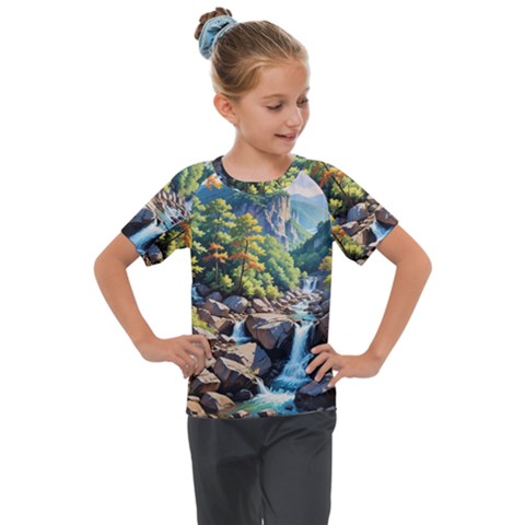 Serene Mountain Waterfall Landscape Kids  Mesh Piece T-shirt by ExtraAwesomeSauce