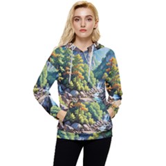 Serene Mountain Waterfall Landscape Women s Lightweight Drawstring Hoodie