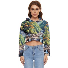 Serene Mountain Waterfall Landscape Women s Lightweight Cropped Hoodie by ExtraAwesomeSauce