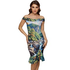 Serene Mountain Waterfall Landscape Off Shoulder Ruffle Split Hem Bodycon Dress by ExtraAwesomeSauce