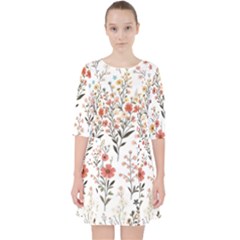 Flowers Design Floral Quarter Sleeve Pocket Dress