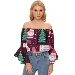 Christmas Santa Claus Off Shoulder Flutter Bell Sleeve Top