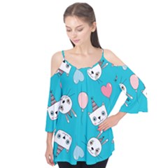 Birtay Cats Bunnies, Koteto Flutter Sleeve T-shirt