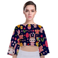 Bunny - Easter Pattern Tie Back Butterfly Sleeve Chiffon Top