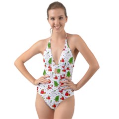 Christmas Pattern, Pattern, Christmas Halter Cut-out One Piece Swimsuit