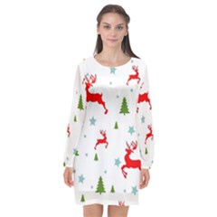 Christmas Texture, Pattern, Red, Craciun, Christmas, Snowflake, Long Sleeve Chiffon Shift Dress 