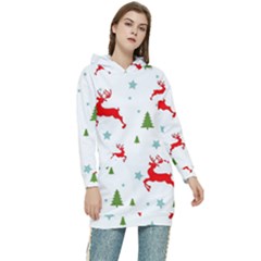 Christmas Texture, Pattern, Red, Craciun, Christmas, Snowflake, Women s Long Oversized Pullover Hoodie