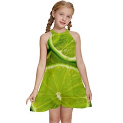 Lime Slices Close Up, Fresh, Fruit, Green Lemon Kids  Halter Collar Waist Tie Chiffon Dress