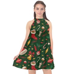 Texture, Pattern, Red, Craciun, Christmas, Hat, Santa, Green Halter Neckline Chiffon Dress  by kyorashop23