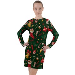 Texture, Pattern, Red, Craciun, Christmas, Hat, Santa, Green Long Sleeve Hoodie Dress