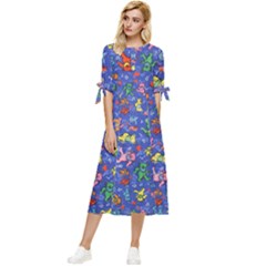 Grateful Dead Dancing Bears Pattern Bow Sleeve Chiffon Midi Dress