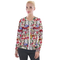 Pattern Kitten Christmas Velvet Zip Up Jacket