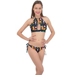 Funny Christmas Pattern Background Cross Front Halter Bikini Set