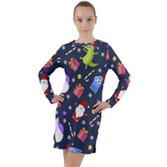 Colorful Funny Christmas Pattern Long Sleeve Hoodie Dress