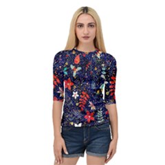 Festive Floral Pattern Christmas Blue Floral Flower Foliage Leaves Pattern Red Snow Winter Quarter Sleeve Raglan T-shirt