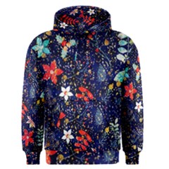 Festive Floral Pattern Christmas Blue Floral Flower Foliage Leaves Pattern Red Snow Winter Men s Core Hoodie