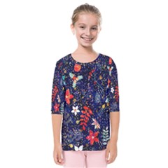 Festive Floral Pattern Christmas Blue Floral Flower Foliage Leaves Pattern Red Snow Winter Kids  Quarter Sleeve Raglan T-shirt