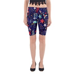 Festive Floral Pattern Christmas Blue Floral Flower Foliage Leaves Pattern Red Snow Winter Yoga Cropped Leggings