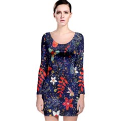 Festive Floral Pattern Christmas Blue Floral Flower Foliage Leaves Pattern Red Snow Winter Long Sleeve Velvet Bodycon Dress