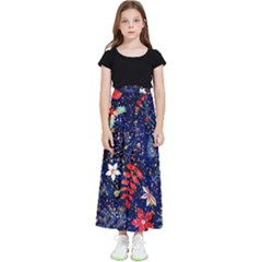 Festive Floral Pattern Christmas Blue Floral Flower Foliage Leaves Pattern Red Snow Winter Kids  Flared Maxi Skirt