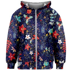 Festive Floral Pattern Christmas Blue Floral Flower Foliage Leaves Pattern Red Snow Winter Kids  Zipper Hoodie Without Drawstring by Maspions