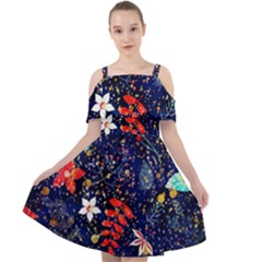 Festive Floral Pattern Christmas Blue Floral Flower Foliage Leaves Pattern Red Snow Winter Cut Out Shoulders Dress