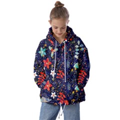 Festive Floral Pattern Christmas Blue Floral Flower Foliage Leaves Pattern Red Snow Winter Kids  Oversized Hoodie by Maspions