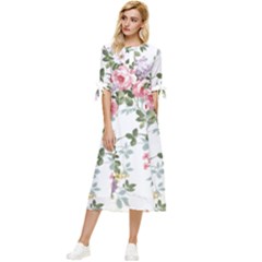 Floral Elements Peony Chinese Rose Bow Sleeve Chiffon Midi Dress