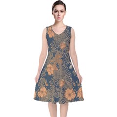 Seamless Pattern Patterns Leaves Vintage V-neck Midi Sleeveless Dress 