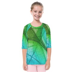 3d Leaves Texture Sheet Blue Green Kids  Quarter Sleeve Raglan T-shirt