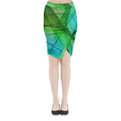 3d Leaves Texture Sheet Blue Green Midi Wrap Pencil Skirt