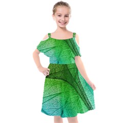 3d Leaves Texture Sheet Blue Green Kids  Cut Out Shoulders Chiffon Dress