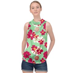 Retro 1960s Flowers Pattern High Neck Satin Top