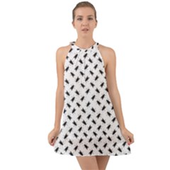 Fly Phot Motif Seamless Black And White Pattern Halter Tie Back Chiffon Dress by dflcprintsclothing