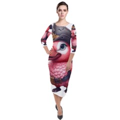 Kawaii Pink Parrot Pirate Quarter Sleeve Midi Velour Bodycon Dress