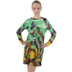 Monkey Tiger Bird Parrot Forest Jungle Style Long Sleeve Hoodie Dress by Grandong