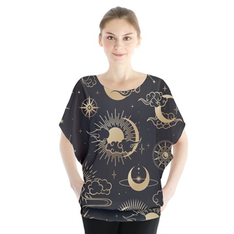 Asian Seamless Pattern With Clouds Moon Sun Stars Vector Collection Oriental Chinese Japanese Korean Batwing Chiffon Blouse by Grandong