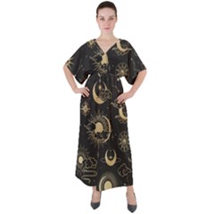 Asian Seamless Pattern With Clouds Moon Sun Stars Vector Collection Oriental Chinese Japanese Korean V-neck Boho Style Maxi Dress