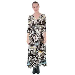 New York City Nyc Broadway Doodle Art Button Up Maxi Dress