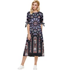 Chartres Cathedral Notre Dame De Paris Stained Glass Bow Sleeve Chiffon Midi Dress