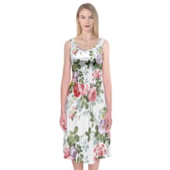 Floral Elements Peony Chinese Rose Midi Sleeveless Dress