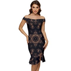 Bronze Age Mandala Off Shoulder Ruffle Split Hem Bodycon Dress