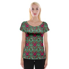 Retro 1880s Flowers Pattern 3 Cap Sleeve Top