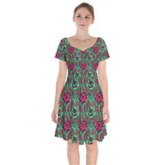 Retro 1880s Flowers Pattern 3 Short Sleeve Bardot Dress