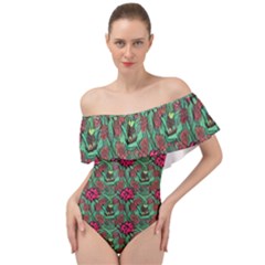 Retro 1880s Flowers Pattern 3 Off Shoulder Velour Bodysuit 