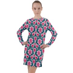 Retro 1880s Flowers Pattern 22 Long Sleeve Hoodie Dress by violetheavensky